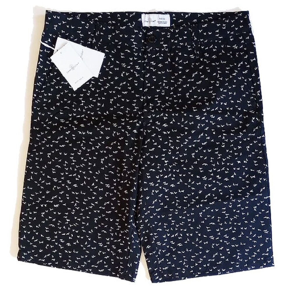 NWT Craft + Flow 100% Cotton Twill 10" Bermuda Shorts 32 Black White Birds